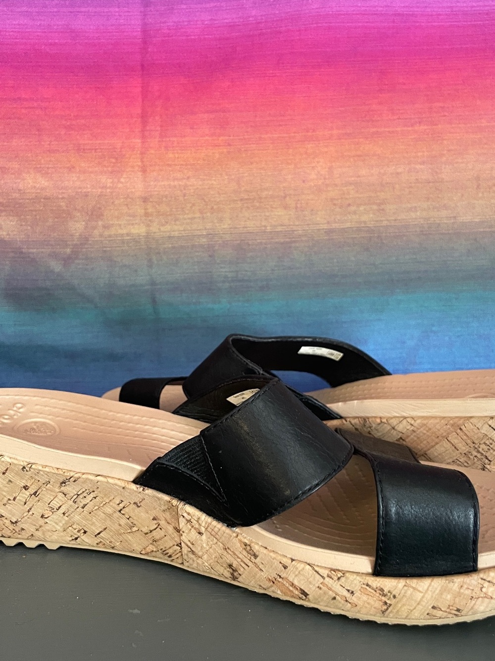 Crocs A-Leigh Black Double Strap Cork Wedge Slide Sandals W9